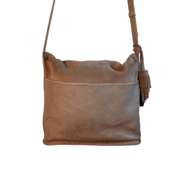 Antik Kraft Suede Beige Gray Tassel Fold-over Crossbody Purse Shoulder Bag - Picture 2 of 14